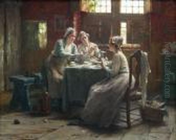 Drie Kaartspelende Zeeuwse Dames In Een Interieur. Oil Painting by Edward Antoon Portielje