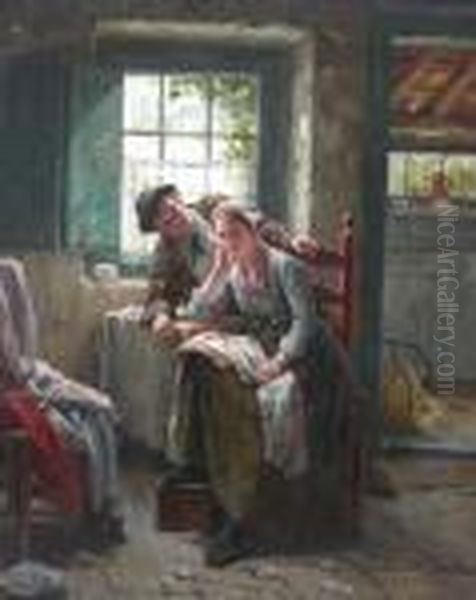 Minnend Paar In Een Interieur - Scene Galante Dans Uninterieur. Oil Painting by Edward Antoon Portielje