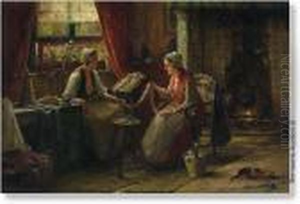 Two Lace Makers In Interior. Oil Painting by Edward Antoon Portielje