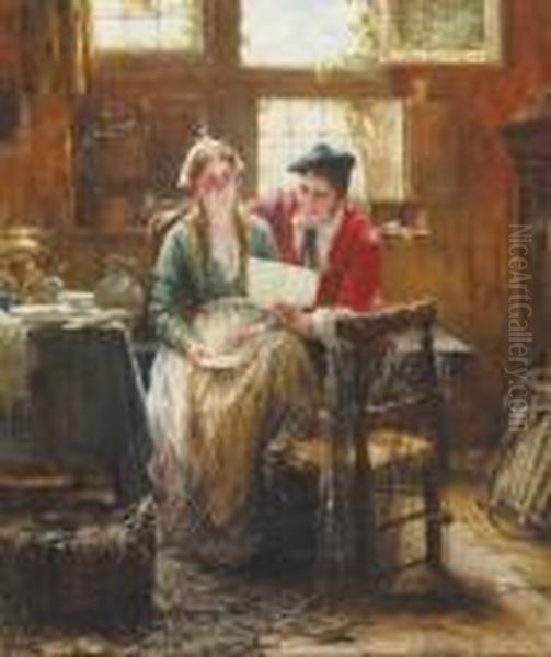 The Good News - La Bonne Nouvelle Oil Painting by Edward Antoon Portielje