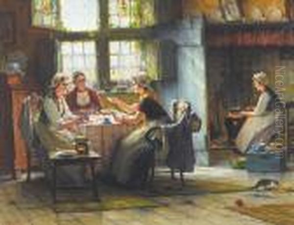 Playing Cards During Tea-time Oil Painting by Edward Antoon Portielje