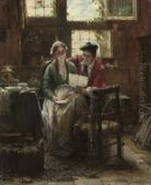 A Good Yarn Oil Painting by Edward Antoon Portielje