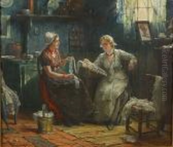 Twee Zeeuwse Kantklosters. Oil Painting by Edward Antoon Portielje