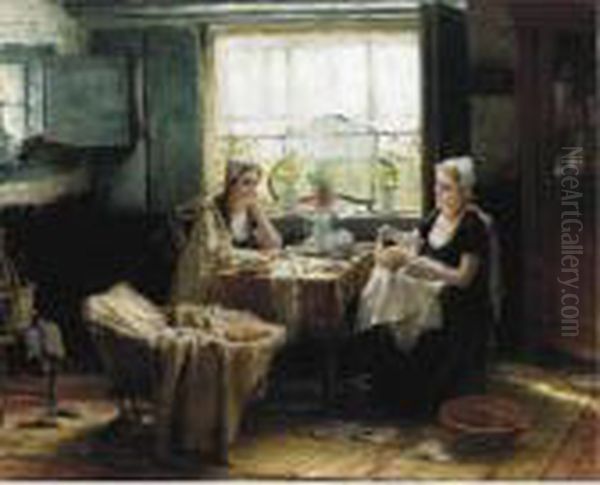 Visiting The Newborn Oil Painting by Edward Antoon Portielje