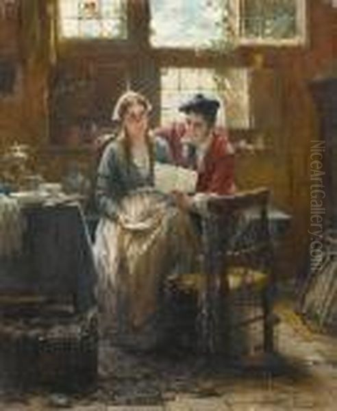 Good News Oil Painting by Edward Antoon Portielje