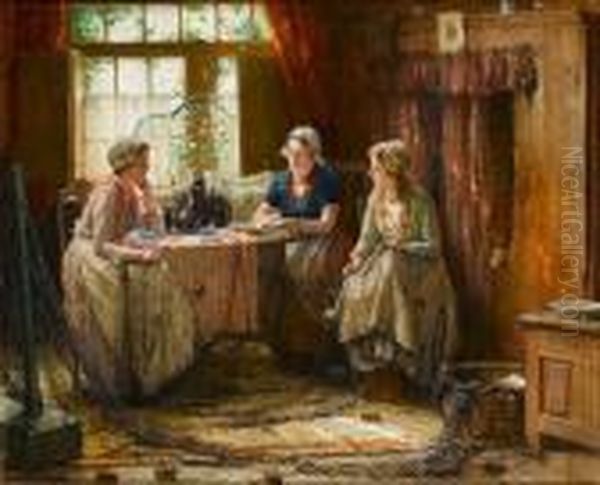 Knotting The Net Oil Painting by Edward Antoon Portielje