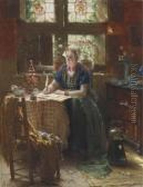 La Poeme Du Jour Oil Painting by Edward Antoon Portielje