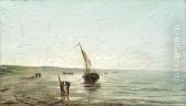 Fisherfolk On Shore
Oil On Canvas Oil Painting by Edward Antoon Portielje