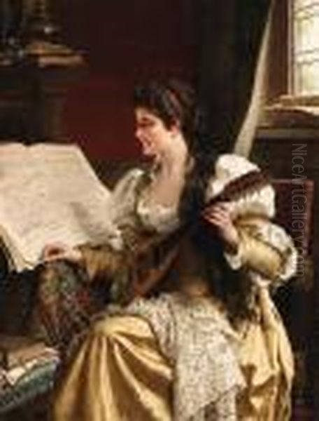 Woman Playing The Mandolin Oil Painting by Edward Antoon Portielje