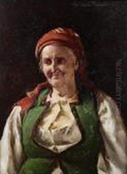 Portrait Of An Old Woman With Red Headscarf Oil Painting by Gerard Portielje