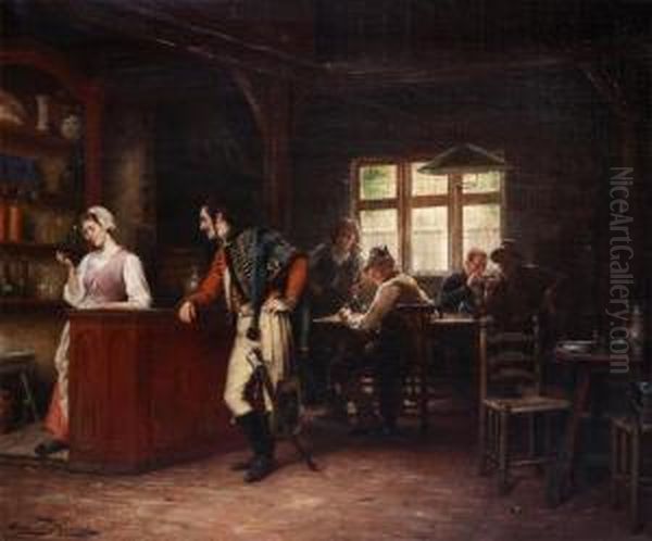 Tavern Interior With General Flirting With The Landlady Oil Painting by Gerard Portielje