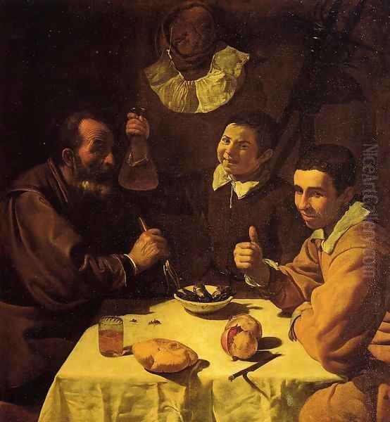 Three Men at a Table (or Luncheon) Oil Painting by Diego Rodriguez de Silva y Velazquez