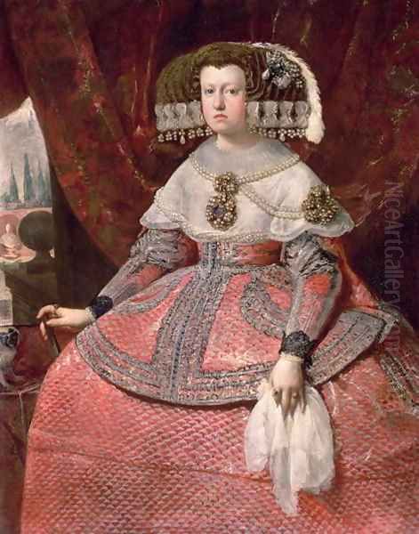 Queen Maria Anna of Spain in a red dress 1655 60 Oil Painting by Diego Rodriguez de Silva y Velazquez