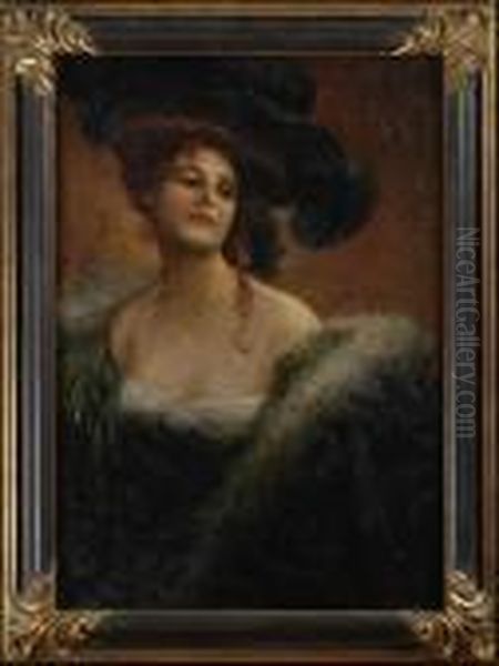 Portrait Of A Woman In A Large Hat Oil Painting by Luca Postiglione