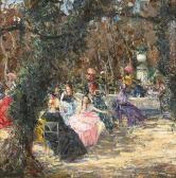 Elegant Figures Seated At Tables In A Garden Oil Painting by Luca Postiglione