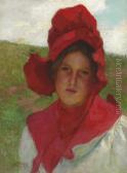 Girl In A Red Bonnet Oil Painting by Edward Henry Potthast