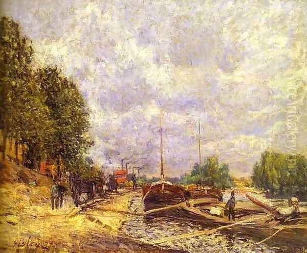 Barges In Billancourt Les Peniches A Billancourt Oil Painting by Alfred Sisley