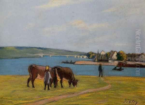 Cows on the Banks of the Seine at Saint-Mammes Oil Painting by Alfred Sisley