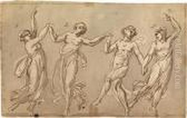 Study For Four Female Dancers, A Putto On Thereverse Oil Painting by Nicolas Poussin