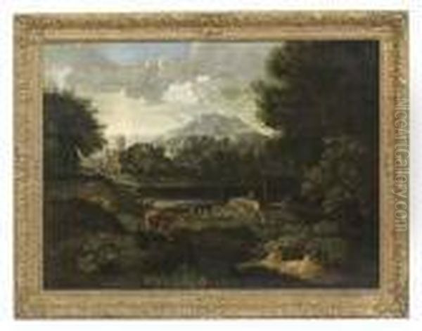 Landscape With Travellers Before A Lake Oil Painting by Nicolas Poussin