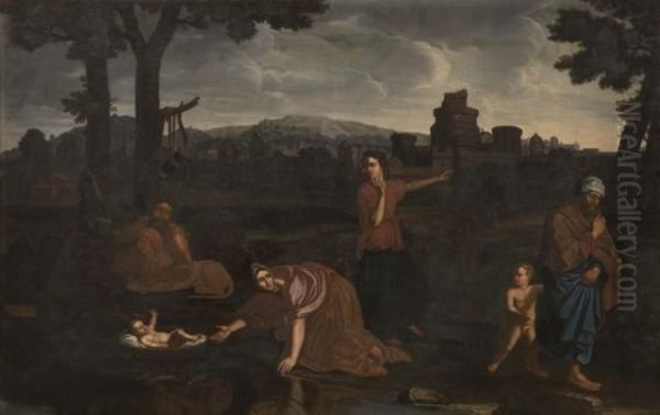 Moise Abandonne Aux Eaux Et Moise Et Le Frappement Du Rocher Oil Painting by Nicolas Poussin