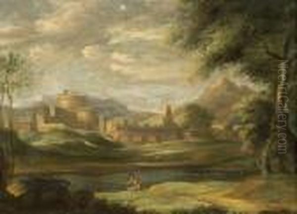 Pecheurs A La Riviere Dans Un Paysage Classique Oil Painting by Nicolas Poussin