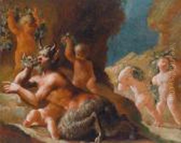 Umkreis Bacchanal Von Einem Satyr Und Putten Oil Painting by Nicolas Poussin