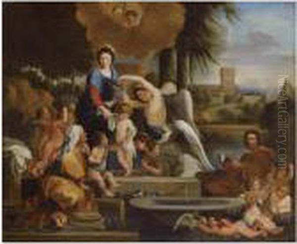 The Holy Family Together With 
Saint Elizabeth, The Infant Saintjohn And Putti, In An Arcadian 
Landscape Oil Painting by Nicolas Poussin