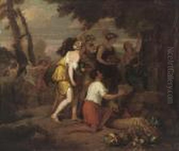 Classical Figures Leaving An Offering Of Fruit And Vegetables At Analtar, In A Landscape Oil Painting by Nicolas Poussin