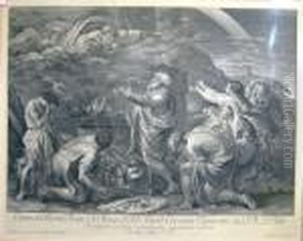 'noah & Family Before God', Engraving, 47.5cm X 58.5cm, Framed Oil Painting by Nicolas Poussin