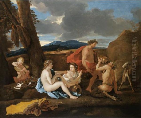 A Bacchanal With Satyrs And Nymphs In A Landscape Oil Painting by Nicolas Poussin