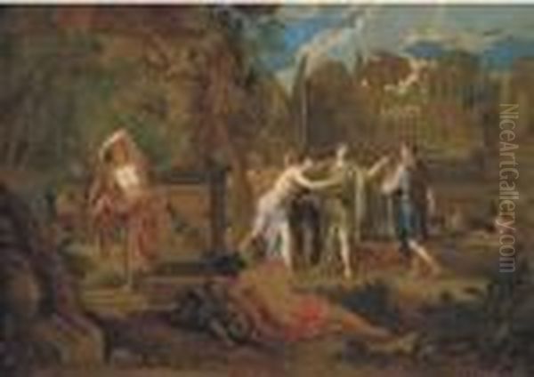 Figures Bathing In A Classical Landscape Oil Painting by Nicolas Poussin