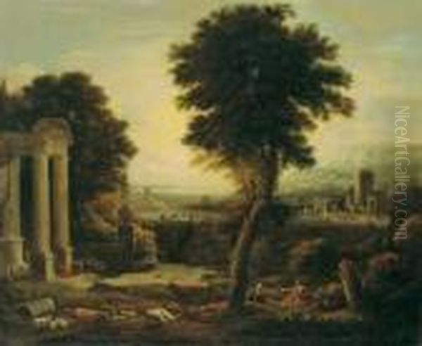 Schule Arkadische Landschaft Mit
 Einer Tempelruine Und Hirtenstaffage. Ol Auf Leinwand. H 98; B 122 Cm Oil Painting by Nicolas Poussin