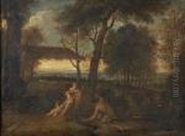 An Extensive Landscape At Dusk With A Group Of Figures In The Foreground Oil Painting by Nicolas Poussin