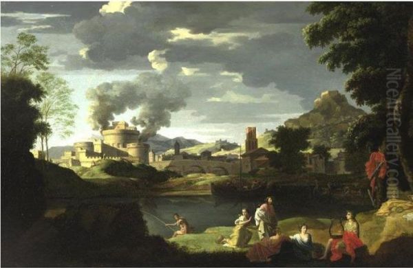 Italianate Landscape With Figures By A River And A Fortress Beyond Oil Painting by Nicolas Poussin