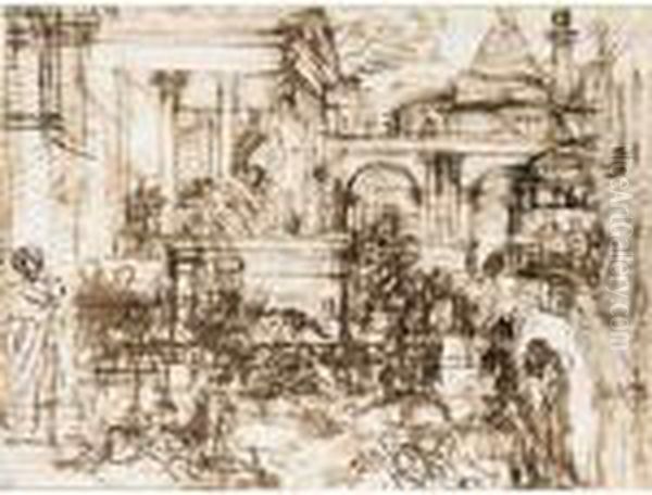 Recto: Architectural Capriccio With Figures And A Distant Pyramid
 Verso: Compositional Study With Roman Centurions And A Group Of Women Oil Painting by Nicolas Poussin