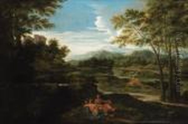 A Classical River Landscape With Nymphs Resting By A Pool Oil Painting by Nicolas Poussin