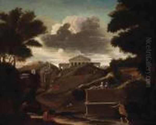 A Classical Landscape With Figures By A Tomb, A Temple Beyond Oil Painting by Nicolas Poussin