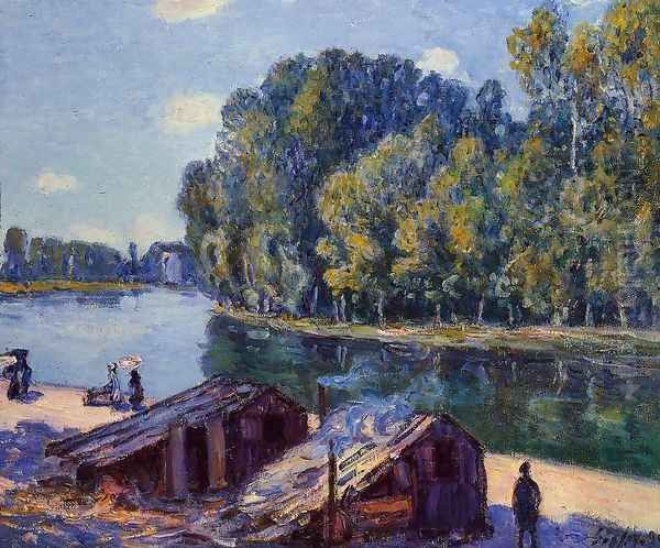 Cabins along the Loing Canal, Sunlight Effect Oil Painting by Alfred Sisley