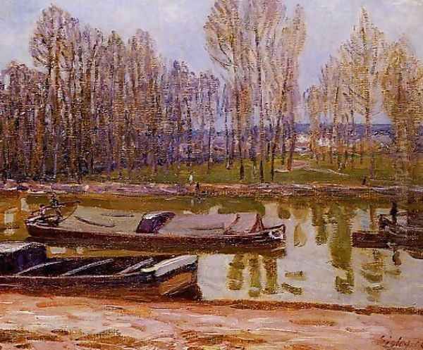 Barges on the Loing Canal, Spring Oil Painting by Alfred Sisley