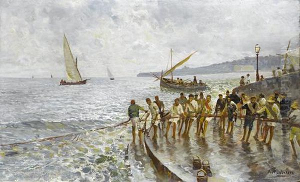 Hauling In The Catch Oil Painting by Attilio Pratella