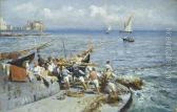 Pescatori A Napoli Oil Painting by Attilio Pratella