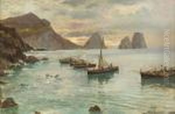 Barche Di Pescatori A Capri Al Tramonto Oil Painting by Attilio Pratella