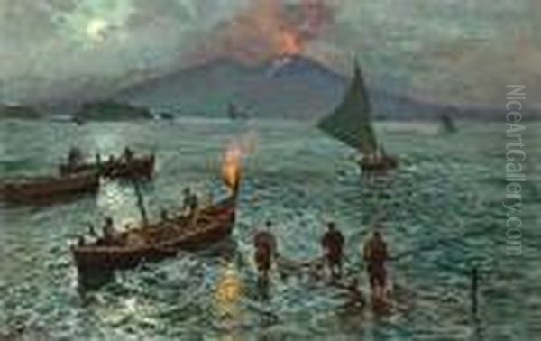 Night Fishing In Naples Oil Painting by Attilio Pratella