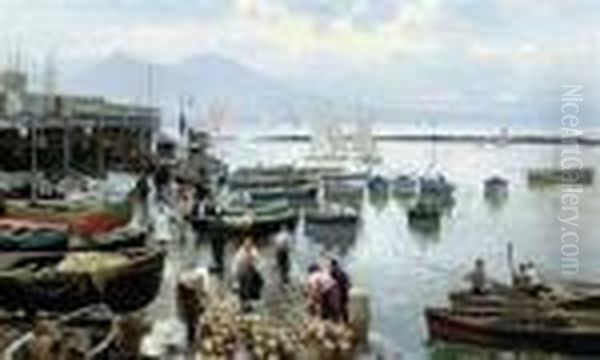 A Busy Quay At Naples, Vesuvius Beyond Oil Painting by Attilio Pratella