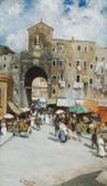 Market Place Oil Painting by Attilio Pratella