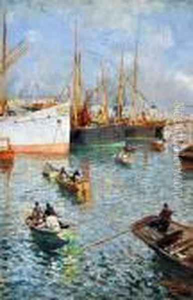 Barche Nel Porto Di Napoli Oil Painting by Attilio Pratella