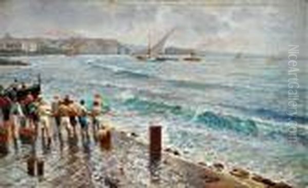 Pescatori A Mergellina Oil Painting by Attilio Pratella