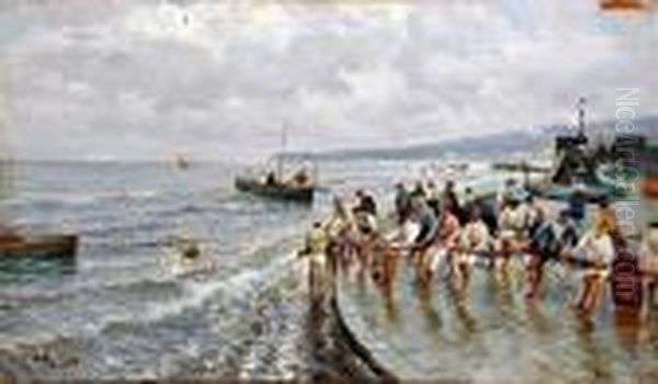 Pescatori Sul Molo Oil Painting by Attilio Pratella