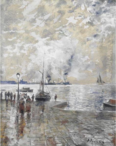 Marina Oil Painting by Attilio Pratella